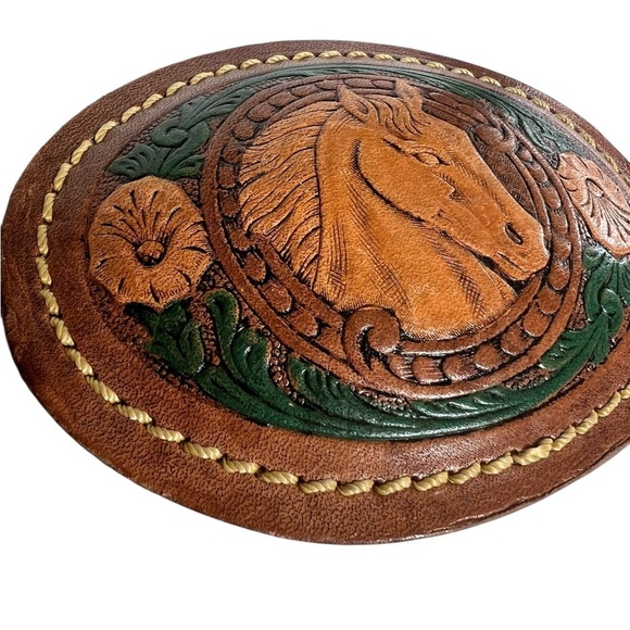 Vintage Leather Tooled Handpainted Western Belt Buckle Horse Head main image 6